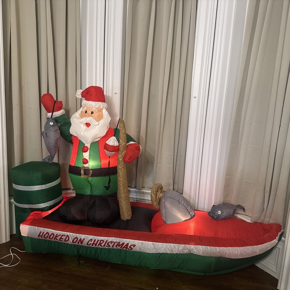 INFLATABLE Christmas SANTA Claus‎ FISHERMAN BOAT HOOKED ON CHRISTMAS LIGHTED 8ft